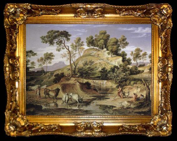 framed  Joseph Anton Koch landscape with shepherds and cows, ta009-2